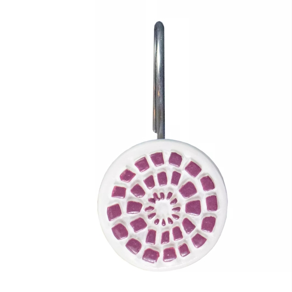 New Medallion White & Purple Ceramic Mosaic Shower Curtain Hook Set Of 12